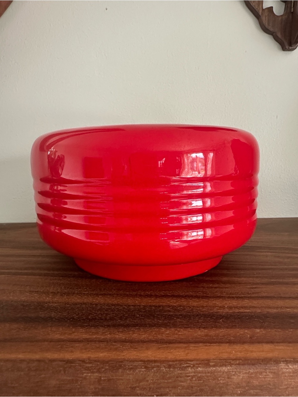 Vintage Haeger USA Pottery Glossy Red Ribbed Beehive Planter Bowl